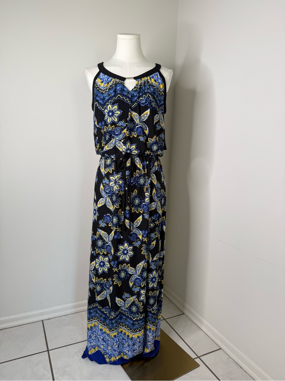 Enfocus Studio Black Floral Maxi Dress with Blue & Yellow Accents